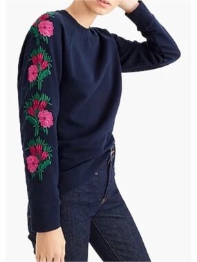 J. Crew Navy Blue Embroidered Floral Sleeve Crewneck Sweatshirt XS